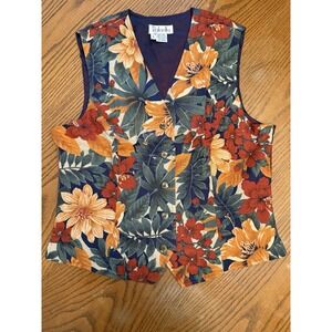 Vintage 90s Size 12 Blue Fall Floral Tapestry Linen Button Front Vest Top Y2K